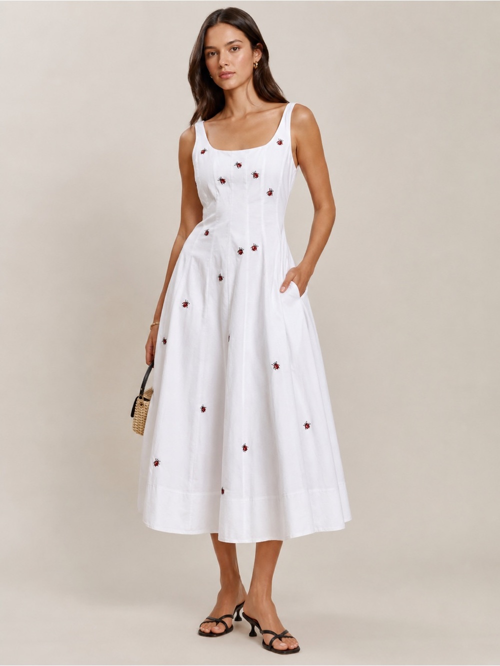 Staud NWT 4 Wells White Midi Dress Embroidered Ladybugs Sample Style